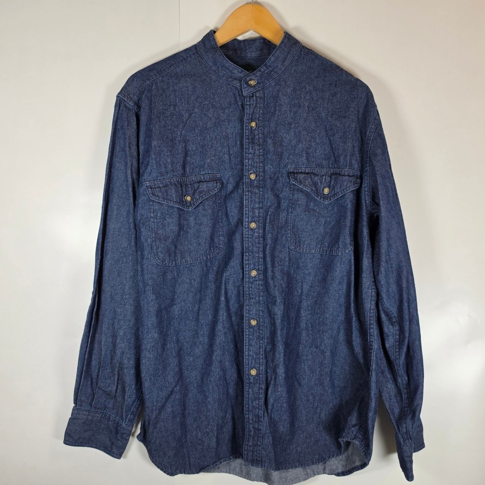 Scandia Woods Mens Blue Denim Banded Collar Long Sleeve Button Down Shirt Large